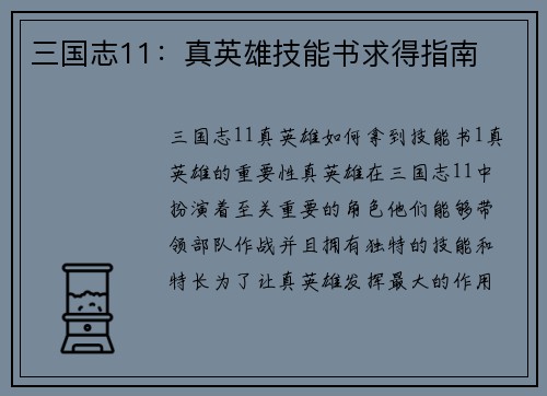 三国志11：真英雄技能书求得指南